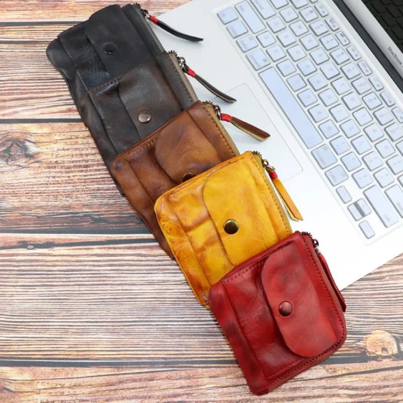 Coin purchase handmade coin purse creative pocket zipper buckle mens and womens genuine leather retro square 240810