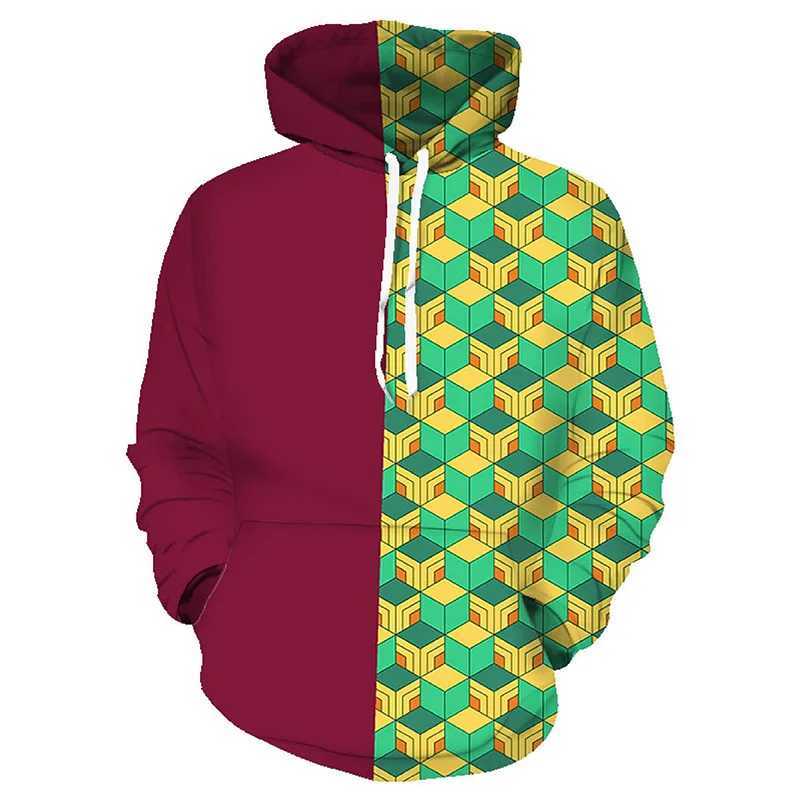Mens 3D printed anime character hoodie universal green black checkered Kamado Tanjirou Pullover casual 3xl long sleeved sweatshirtW240724