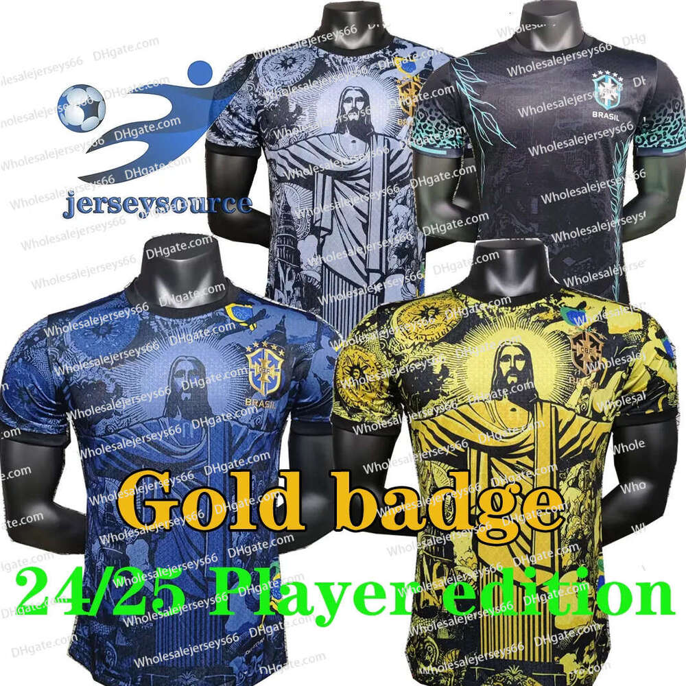 24 25 Brasil Kit Brasil Jerseys Christ The Redeemer Gold Badge Jacquard Player Shirts Brazil Special Edition Jersey RAPHINHA VINI JR RODRYGO Shirt