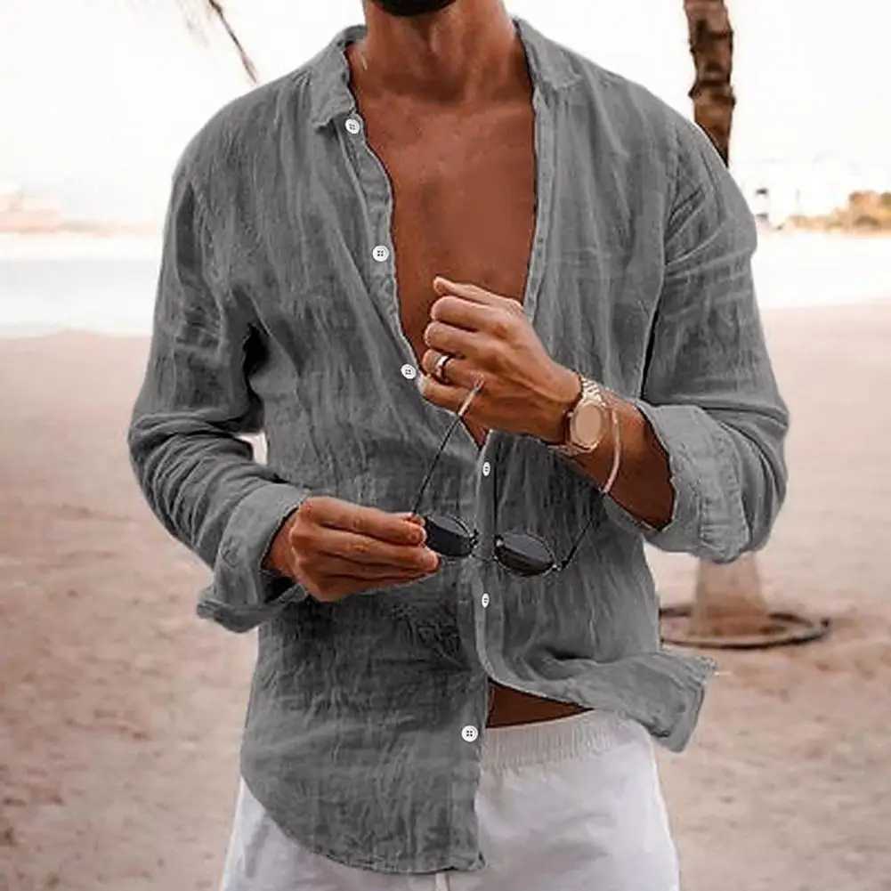 Cotton Linen Men Lapel Long Sleeve Shirt Tops Pleated Thin Solid Color Single Breasted V-neck Casual Shirt Tops Breathable ShirtXJ240812