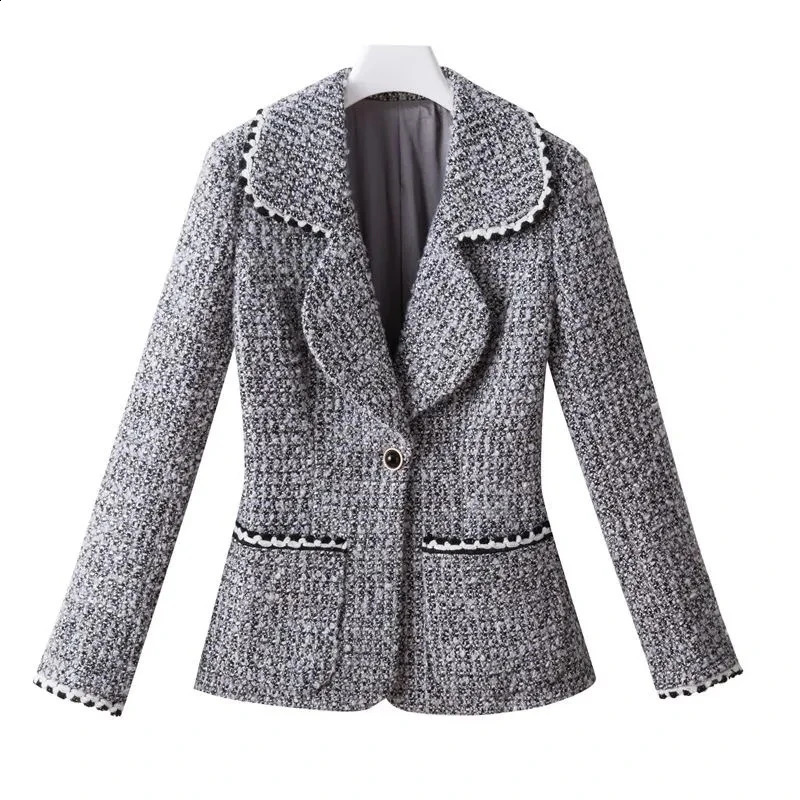 Fashion Spring Autumn Blazers Women Jacket Color Matching Tweed Suit Collar Long Sleeve One Buckle Small Fragrance Coat 240812