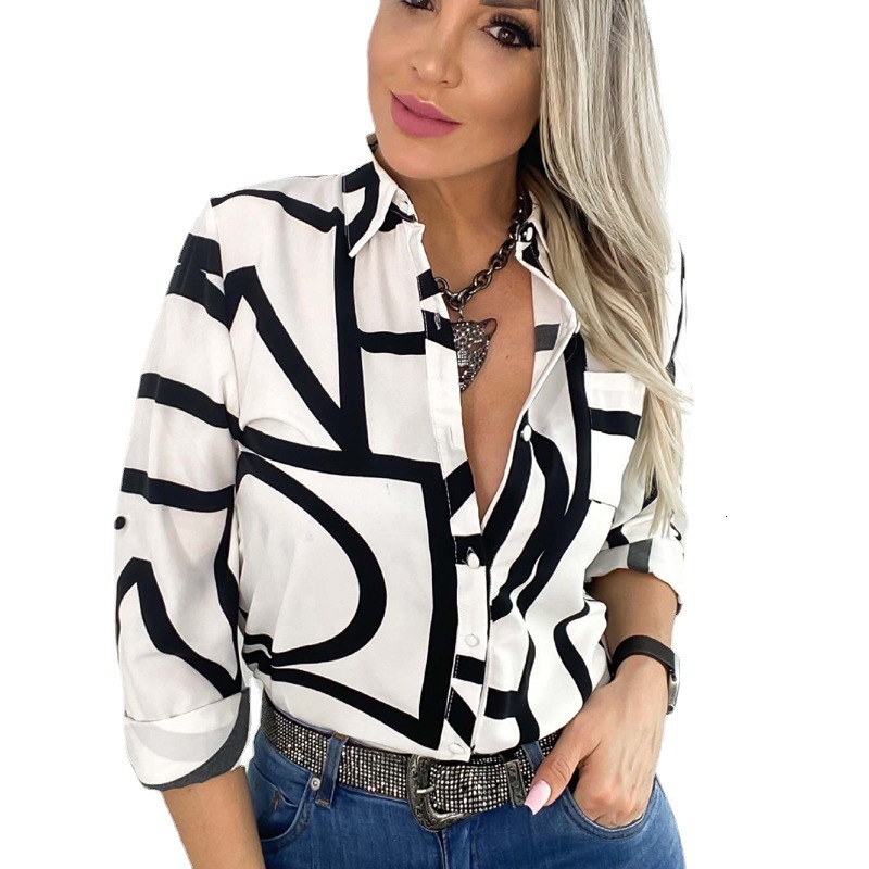 2024Spring and Autumn Womens Blouse Printed Button Long sleeved Shirt for Women
