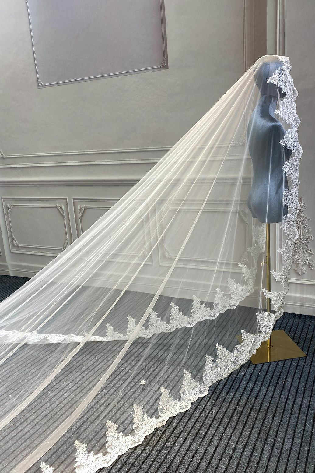 3M Long Veil Lace Appliqued Cathedral Length Wedding Veils Bridal Hair Accessory With Comb Custom Made
