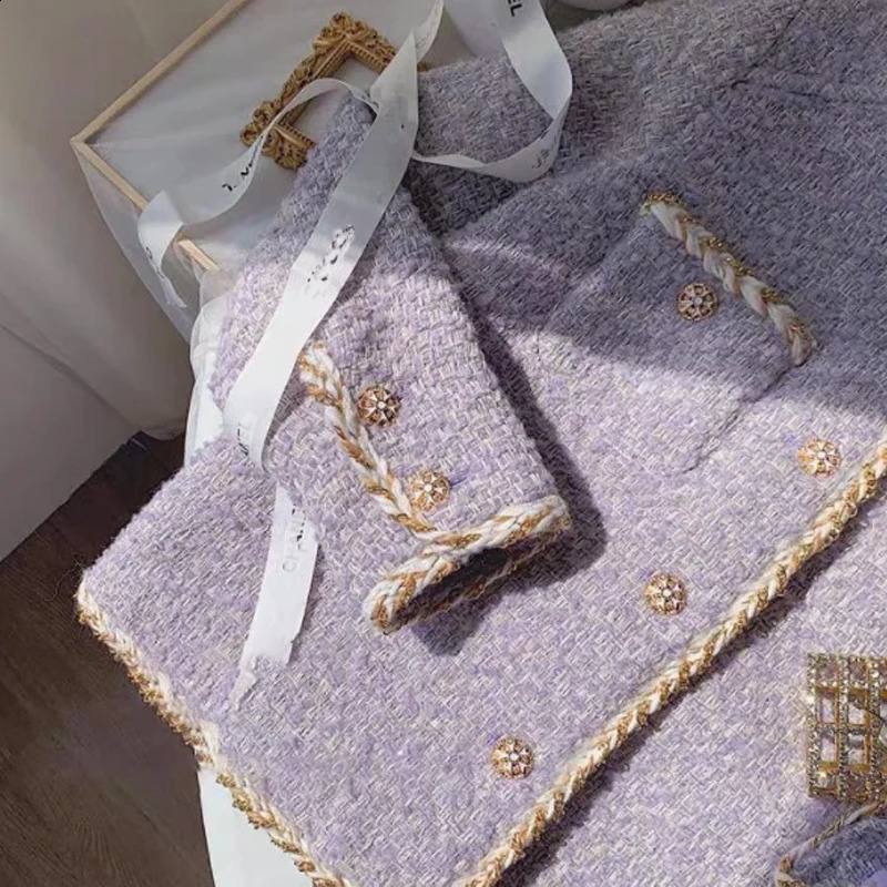 Small Fragrant Lavender Purple Tweed Short Coat Womens Autumn and Winter High Sense Coats Jacket Female Lady Cloth 240812