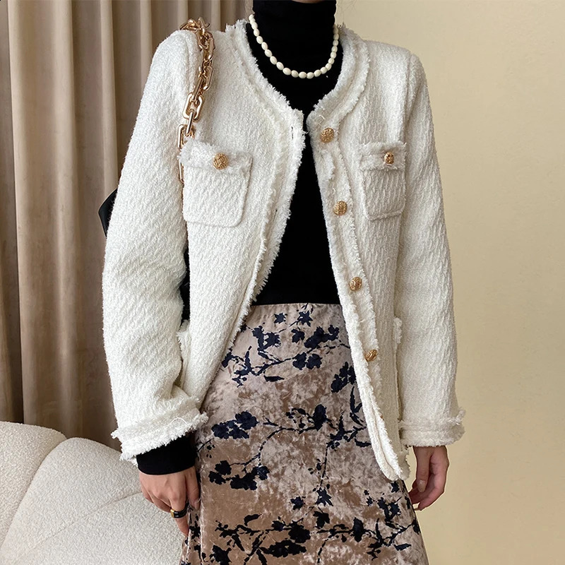 High-end Wool Blend Tweed Coat Women Simple Solid Single Breasted O-neck Elegant Long Sleeve Spring Autumn Jackets 240812