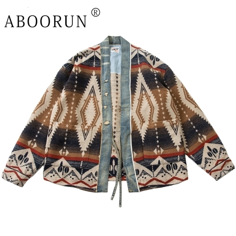 ABOORUN Men Retro Cardigan Robe National Denim Patches Jackets Streetwear Coat for Male 240810CJ