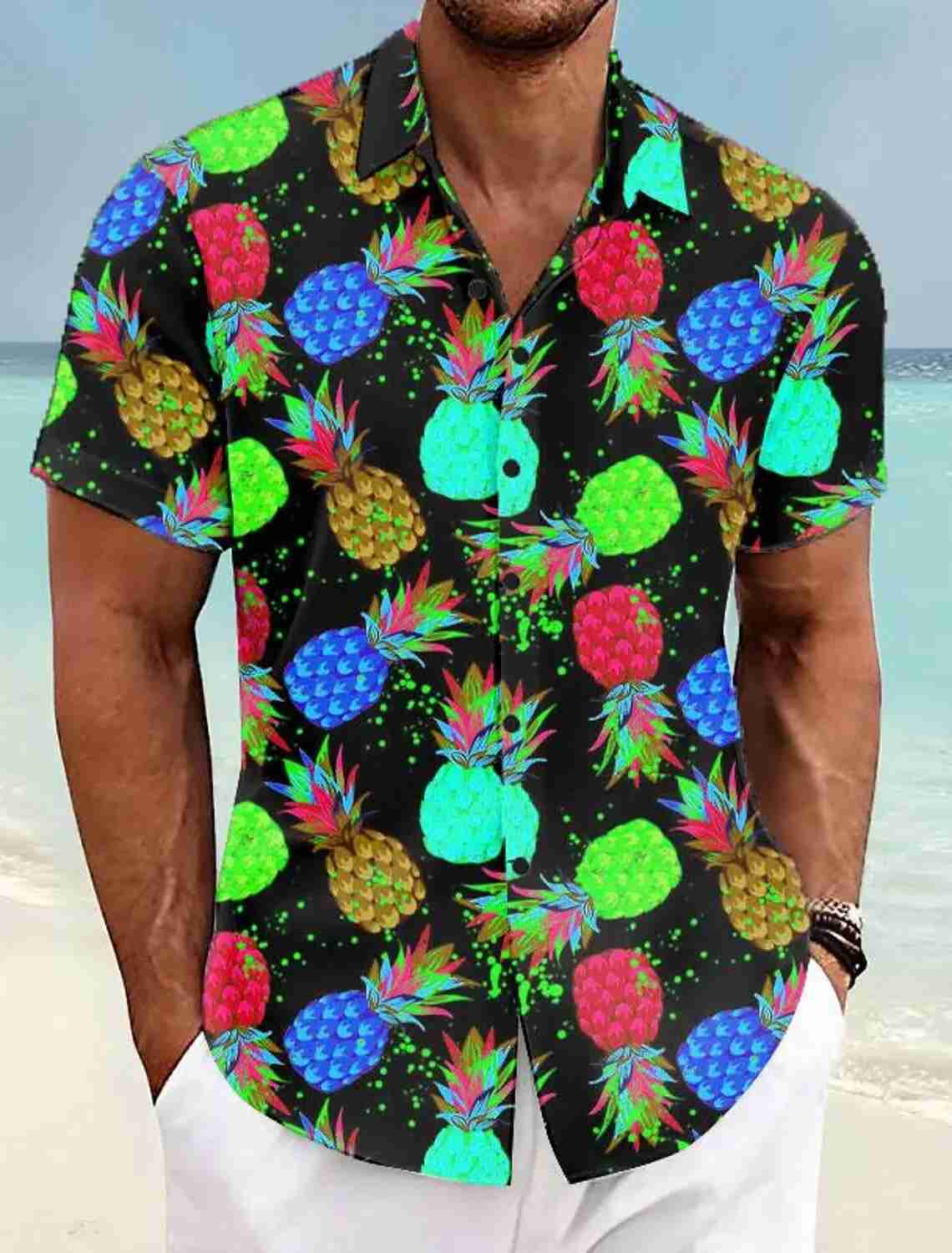 Pineapple Tropical Mens Shirt Summer Aloha Shirt Casual Holiday Summer Spring Turndown Short Sleeve Stretch Fabric ShirtXJ240812