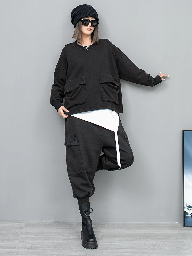 Spring Autumn Big Pocket Round Neck Long Sleeved Hoodie Small Leg Haren Pants Two-piece Set Women LX768 240812