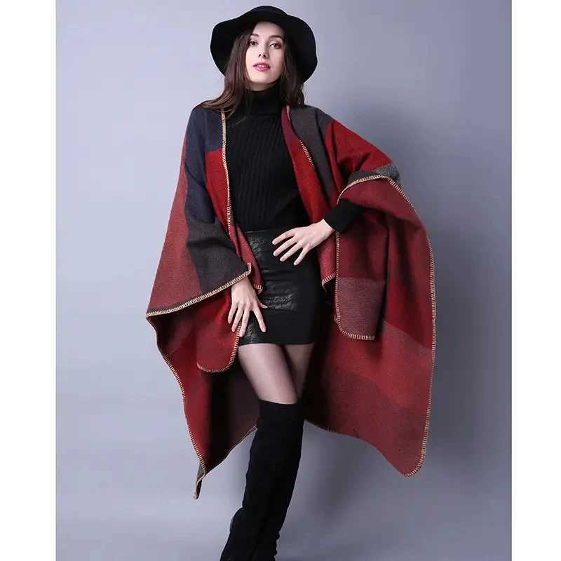 Vintage colored block shawl imitates cashmere warm bag Bohemian large blanket scarf raincoat shawl thick coat outdoor W240810