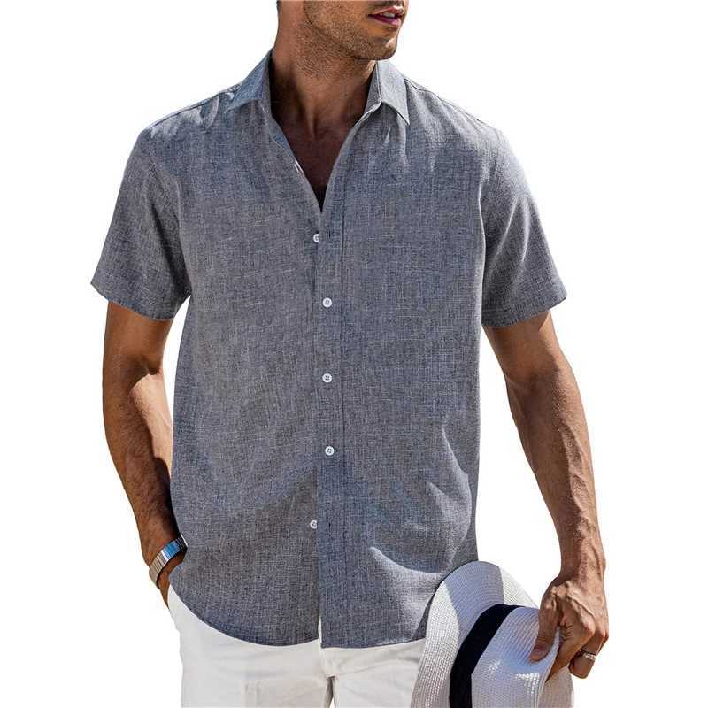men Cotton Linen Hot Sale Mens Short-Sleeved Shirts Summer Solid Color Turn-down collar Casual Beach Style Plus Size topXJ240812