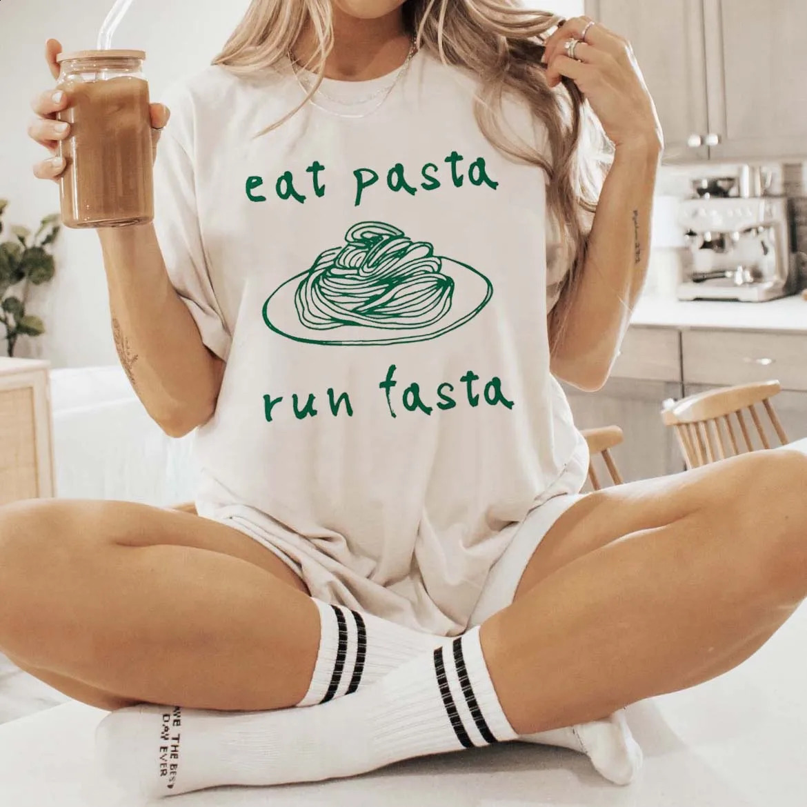 Eat Pasta Run Fasta T-Shirt Summer Cute Print Cartoon Fun Print Pattern Womens Fashion Style Clothing Beach Top T-Shirt. 240812