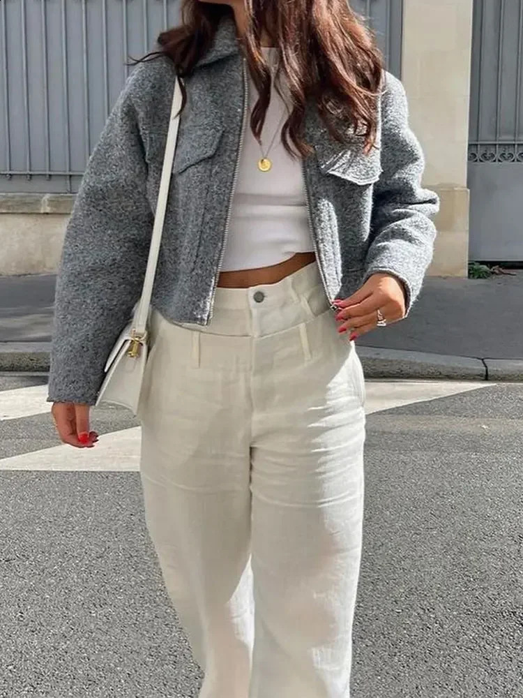 Womens solid pilot jacket with pockets front zipper lapel short bomber autumn winter casual cut 240808