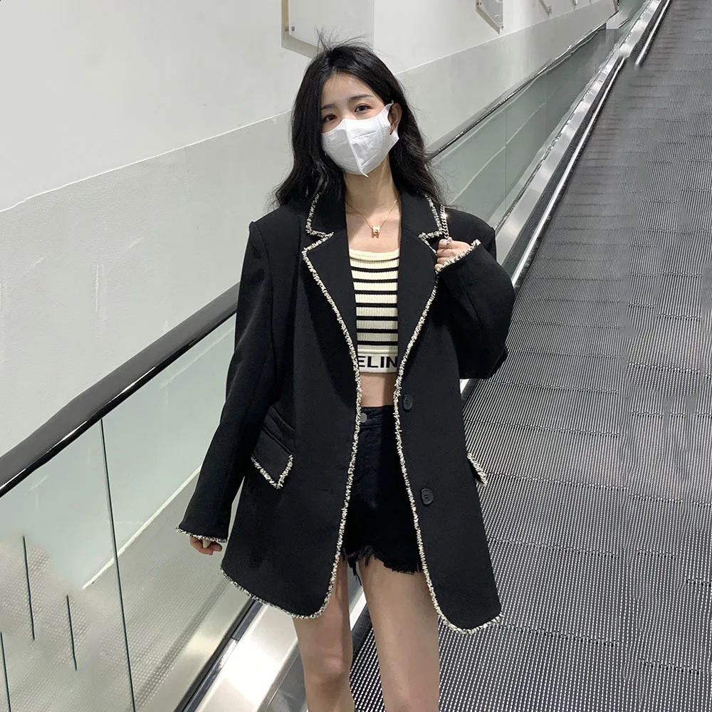 Women Black Tweed Splice Blazer Notched Long Sleeve Loose Fit Suit Jacket Fashion Spring Autumn Office Ladies Coat Tops 240812