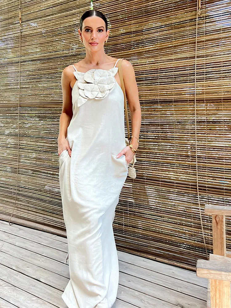 Fashion 3d Flower Solid Halter Dress For Women 2024 Sleeveless Loose Maxi Vestidos Lady Elegant Party High Streetwear 240812