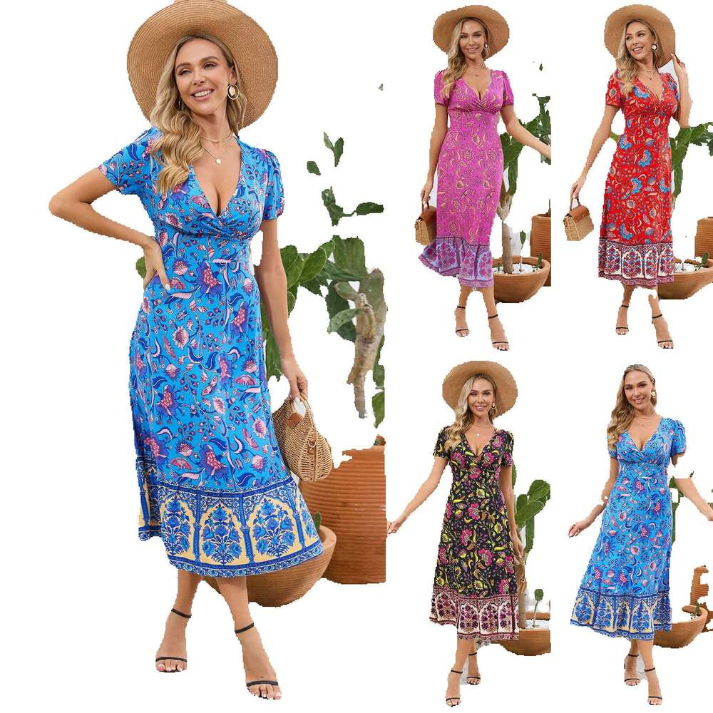 Sexy Short Sleeved V-neck Bohemian Beach Floral Dress for Women Summer Temu Tiktok Explosive Sexy Dress Bifurcated Novelty Temperament Denim Dress