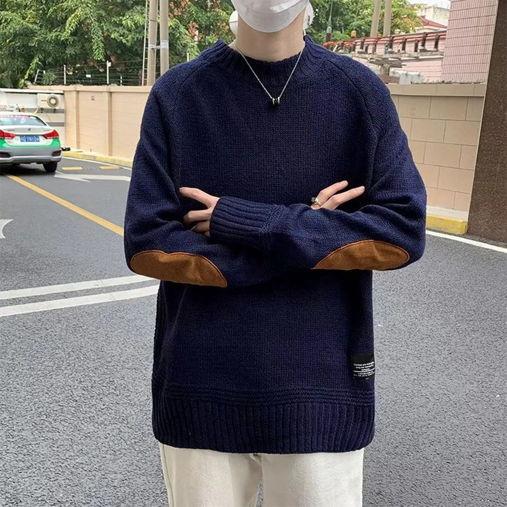 Mens Casual Pullobers Color Blocking Winter Warm Sweater Fashion Loose Harajuku Lapled Round Neck Sweaters for Men 240809