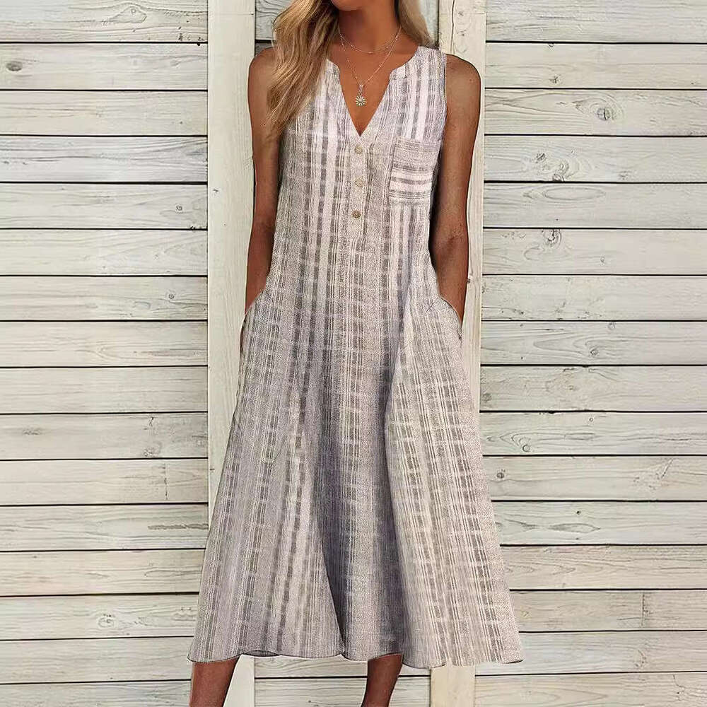 2021 Summer New Fashion Pocket V-neck Sleeveless Striped Dress Loose Bifurcated Short Waist SKINNY DRESS Pregnant Womens Dress