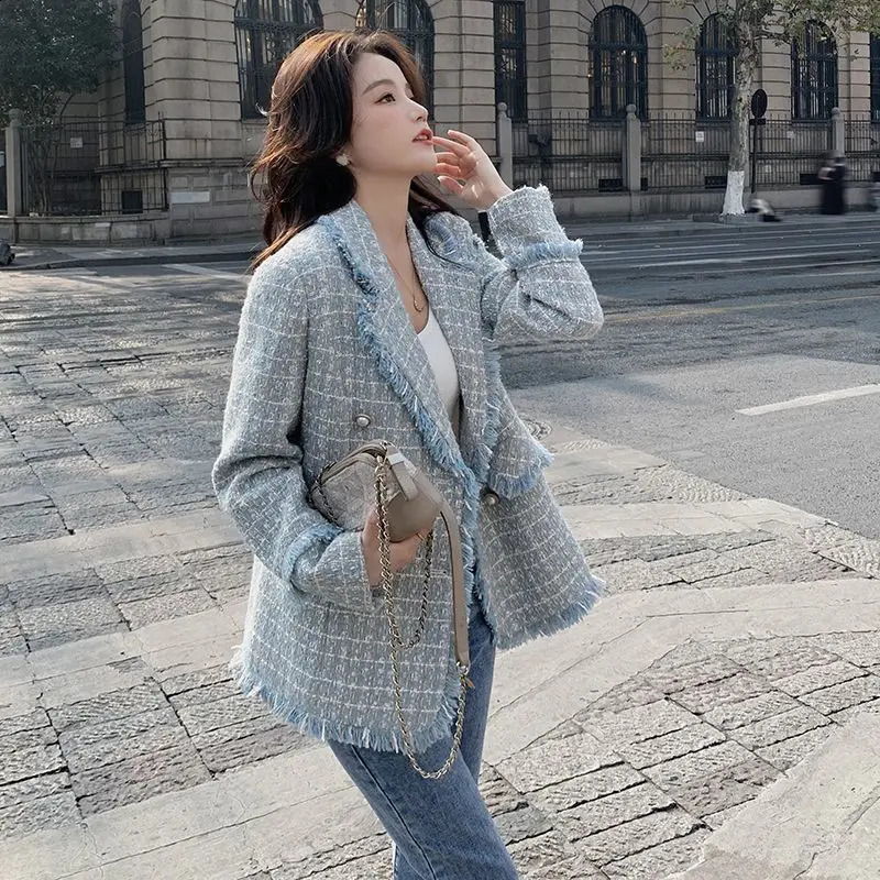 Spring Autumn Casual Woolen Suit Jacket Womens Outwear Fashion Loose Mid-Length Double-Breasted Burrs Chic Tweed Coat 240812