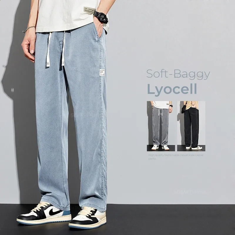 3 Colors in Pants Men Soft Lyocell Fabric Baggy Straight Elastic Waist Drawstring Wide Trousers Male Plus Size 4XL 240812