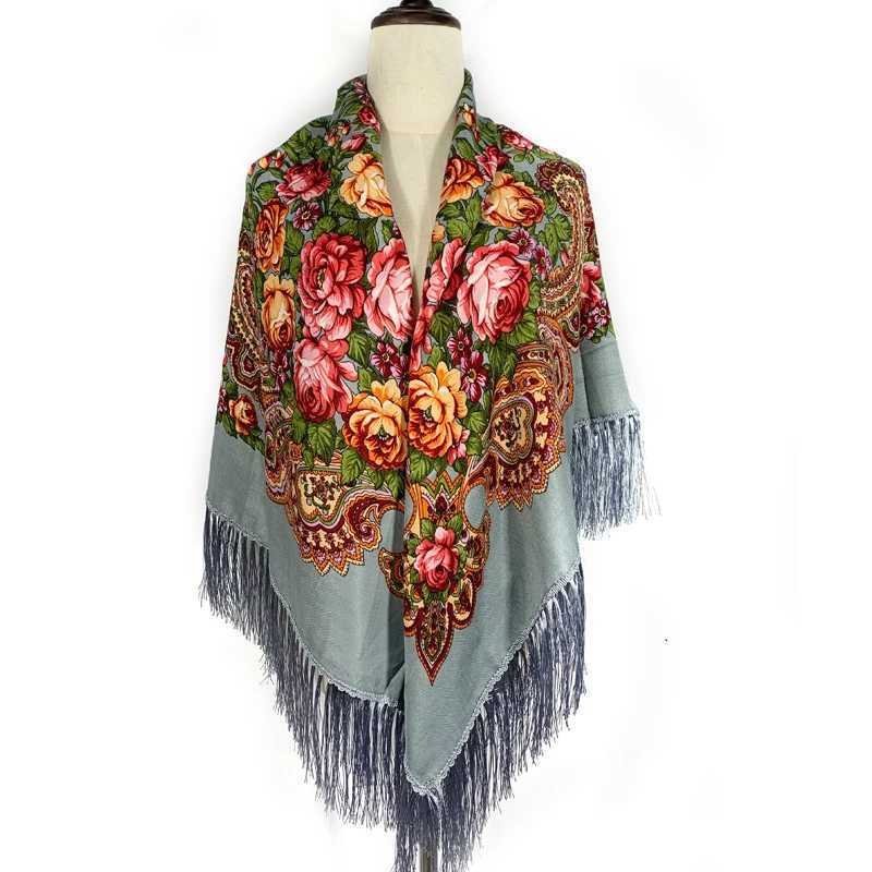 135 * 135cm Womens Russian Square Scarf Luxury Flower Printed Ribbon Scarf Babushka Hand Scarf Curly Blanket Shawl Head Bag W240810