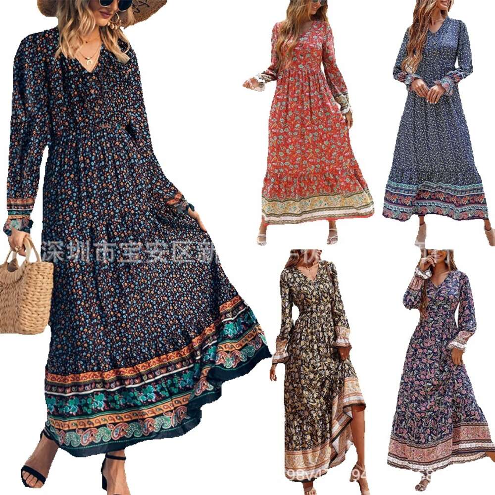 Solid Printing Versatile Temu Autumn New Womens Bohemian Dress Tiktok Sleeve Big Swing Long Floral Dress Loose Temperament Sexy High Waist Dress Denim