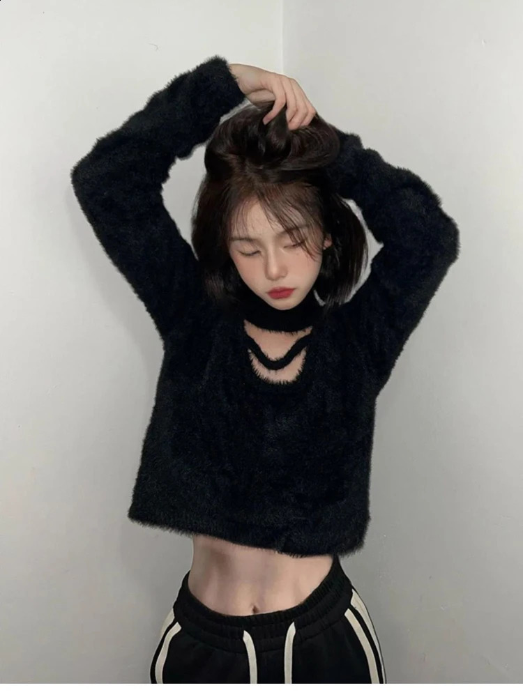 HOUZHOU Black Sexy Sweater Women High Street Hollow Out Cropp Tops Slim Chic Knitted Pullover Korean Fashion Long Sleeve Sweater 240812