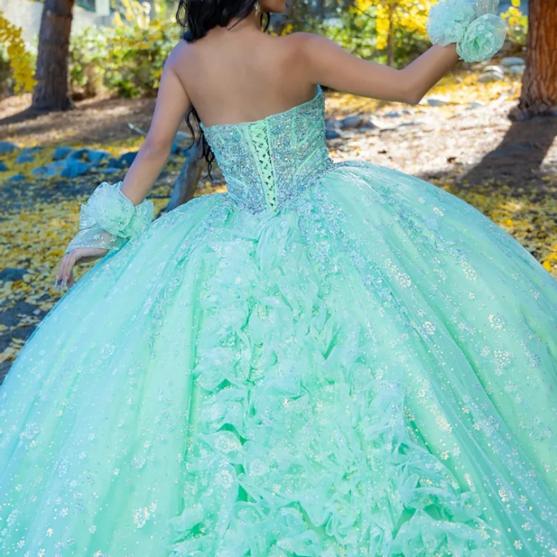 Mint Green Shiny Quinceanera Dresses Off The Shoulder Beads Crystal Tull Tiered Princess Sweet 16 Dress vestidos de 15 anos