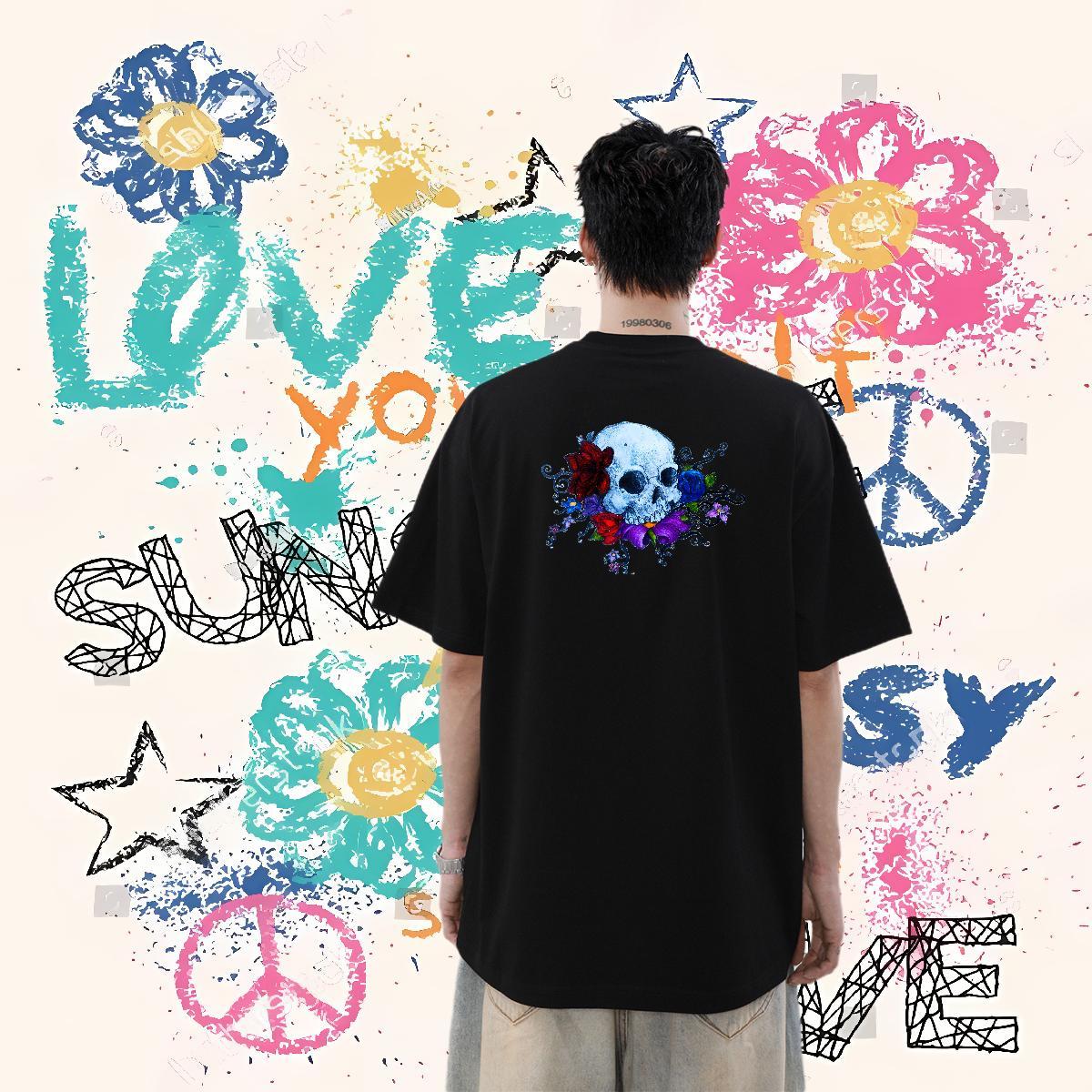 Classic Mens T Shirts skull Wear 100% Cotton 230g Casual Beach Brand Custom Print Oversized Breathable Short Sleeve Men Clothes T-Shirt