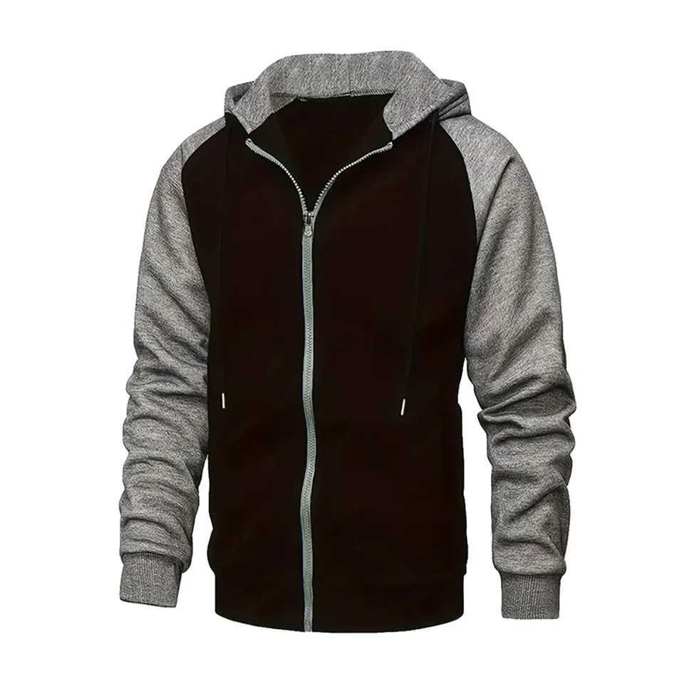New Mens Zip-Up Color Block Hoodie with Casual Stylish Durable Fall/Winter Top Raglan Sleeves Hoodies Sweatshirt MaleXJ240812