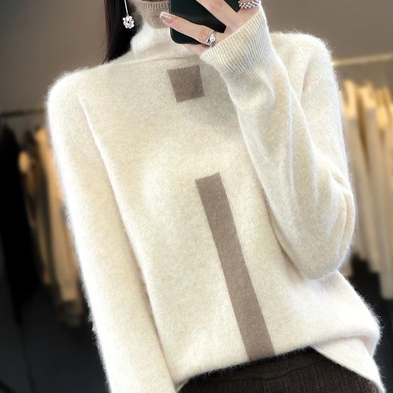 100% Mink Fleece Sweater Womens Stand Up Collar Colored Top Pullover Spring And Autumn Korean Fashion Tight And Warm Fit 240812