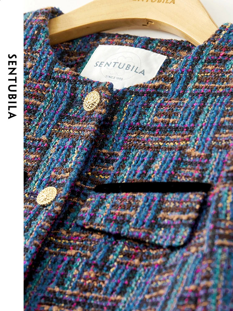 SENTUBILA Vintage Contrast Cropped Tweed Jacket Women Spring Fashion Ladies Contrast Round Neck Short Coat Woman 141W53206 240812