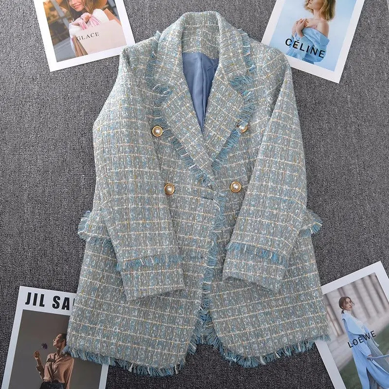 Large Size Womens Tweed Suit Spring Autumn Long Sleeve Vintage Double Breasted Tassel Loose Blazer Jacket Z888 240812