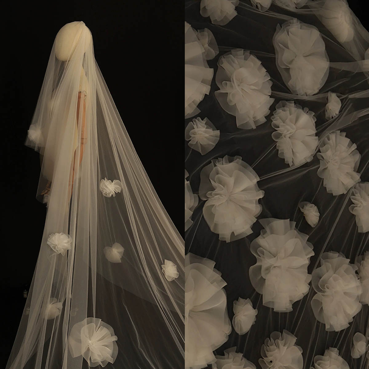 Modern Wedding Veil Two Layer Long Blusher Cathedral Veils Appliques Edge Handmade Flowers Tulle Custom Made Bridal Accessories