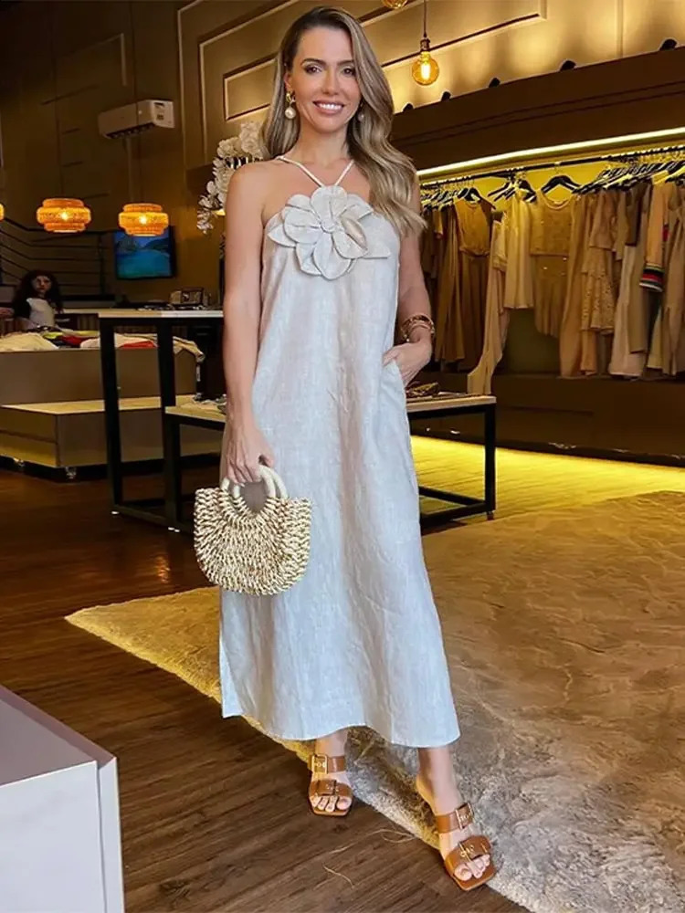 Fashion 3d Flower Solid Halter Dress For Women 2024 Sleeveless Loose Maxi Vestidos Lady Elegant Party High Streetwear 240812