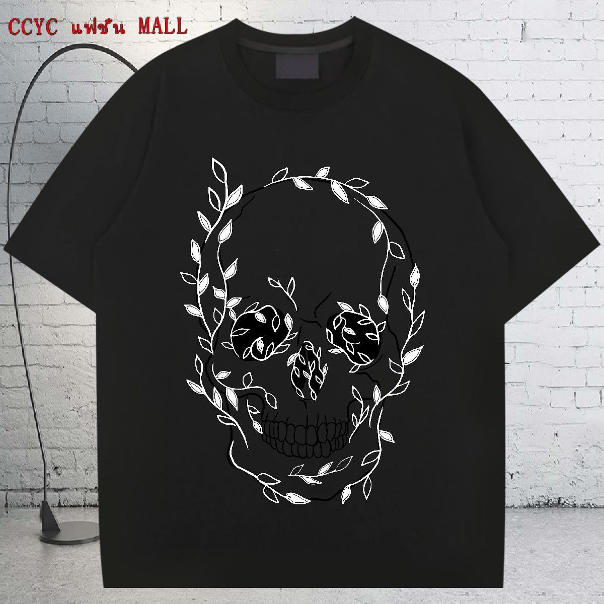 DIY Man T Shirts skull Tops Shirt 100% Cotton 230g High Street Hip Hop Loose Floral Print Breathable Crew Neck Men Clothes T-Shirt