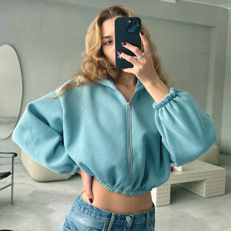 Fall Womens Fashion Zipper Hoodie Cropped Jacket Y2k Solid Color Short Cardigan Long Sleeve Loose Surcoat For Female Sweatshirt 240810