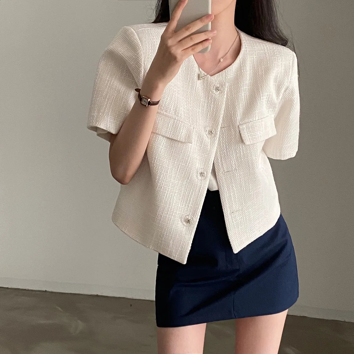 Womens high elegant Tweed Guardian Short Coat Pocket Single Breasted Jacket Short-sleeved Loise Outwear summer 240812