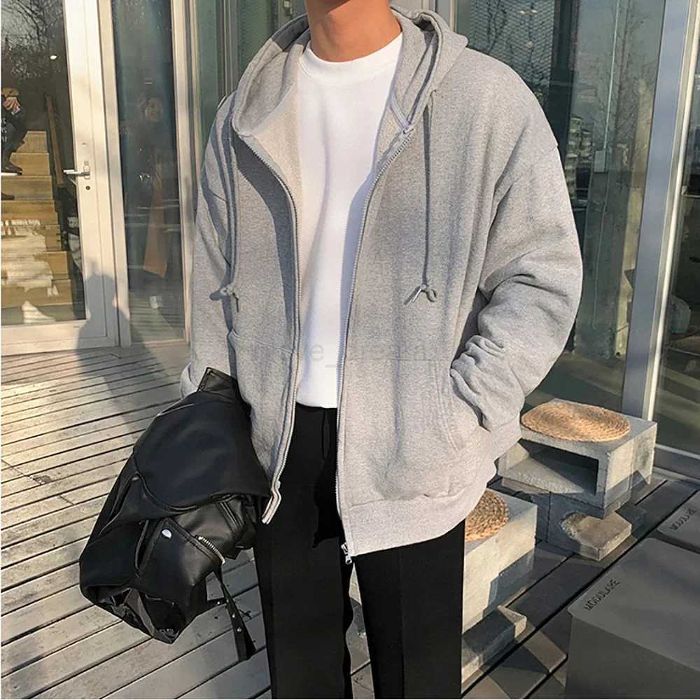High Street Hoodie Men Solid Color Zip Up Long Sleeve Loose Jacket Coats Casual Hooded Sweatshirt Y2K Fashion Outdoor ClothesXJ240812