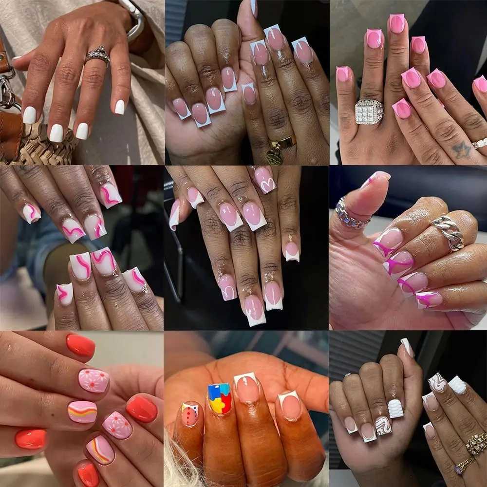 24 pieces of short square fake nails French white border fake nails pink fake nails fully covered and pressed nail tips W240810