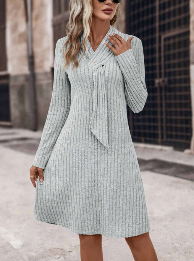 Womens Tiktok2024 Temperament Casual Solid Color Knitted Long Sleeved Dress Polka Point Chiffon Long Sleeve Dress Sexy Dress Temperament Novelty Silk 