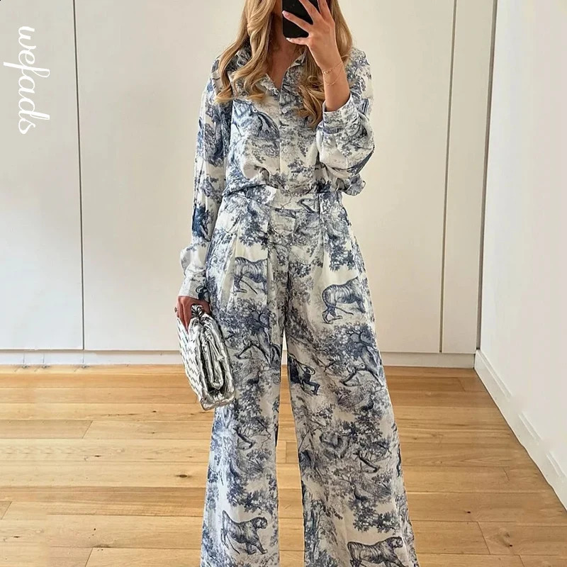 Wefads 2 Piece Set Women Casual Long Sleeve Lapel Printed Single Breasted Button Shirt Top Loose Wide Legs Pants Sets Streetwear 240812