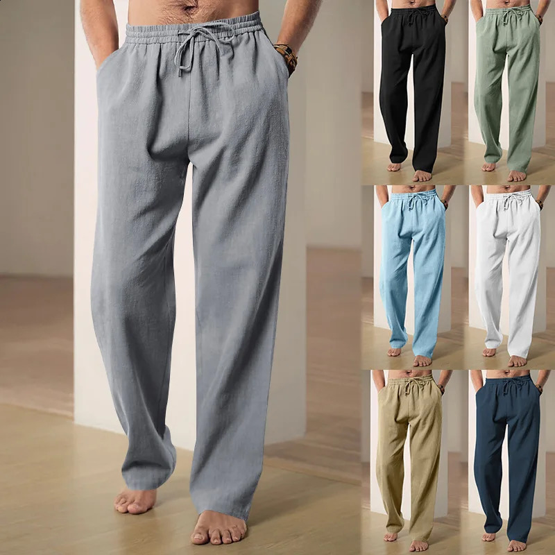 Mens Cotton Linen Long Pants Summer Solid Color Breathable Linen Trousers Male Casual Elastic Waist Casual Pants Harajuku Trous 240812