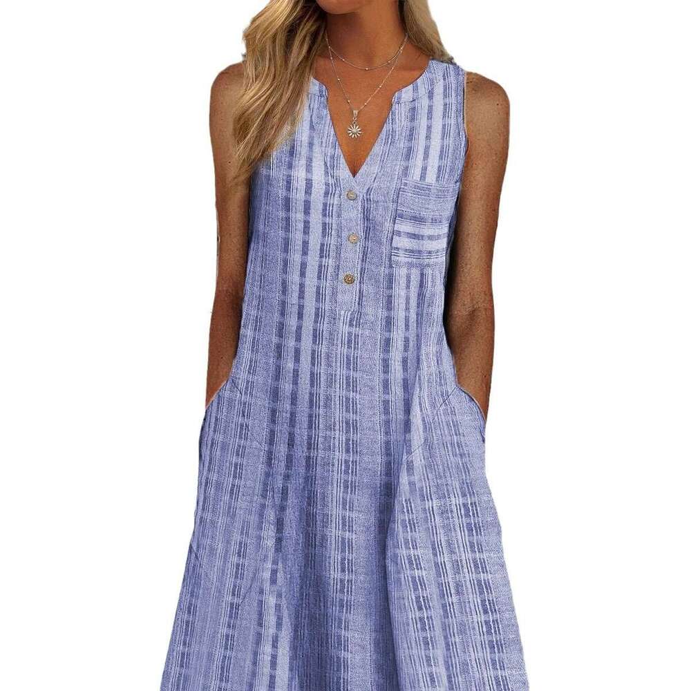 2021 Summer New Fashion Pocket V-neck Sleeveless Striped Dress Loose Bifurcated Short Waist SKINNY DRESS Pregnant Womens Dress
