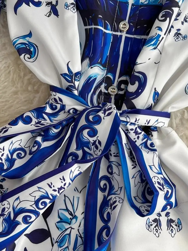 Autumn Fashion Blue And White Porcelain Vinatge Dress Women Clothing Lapel Collar Single Breasted Lace Up Holiday Maxi Vestidos 240812