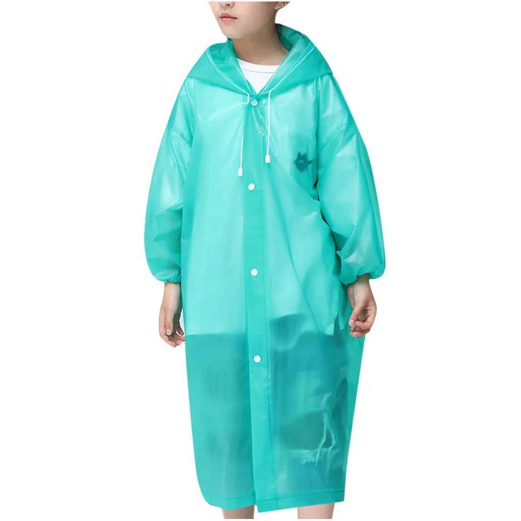 Solid Hooded Ponchos Transparent Children Raincoat Eva Elastic Cuffs Outdoor Travel Rain Cover Waterproof Camping For Kids Boy Y240810
