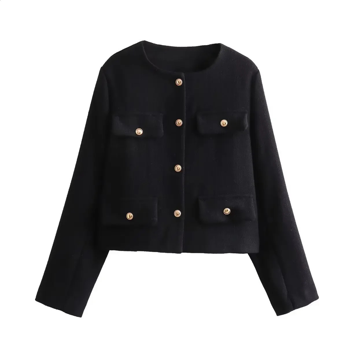 Autumn Cropped Jacket For Women Coat Winter Crop Jacket Tweed Round neck Long sleeved Demi-season Jacket Bomber Outerwears 240812