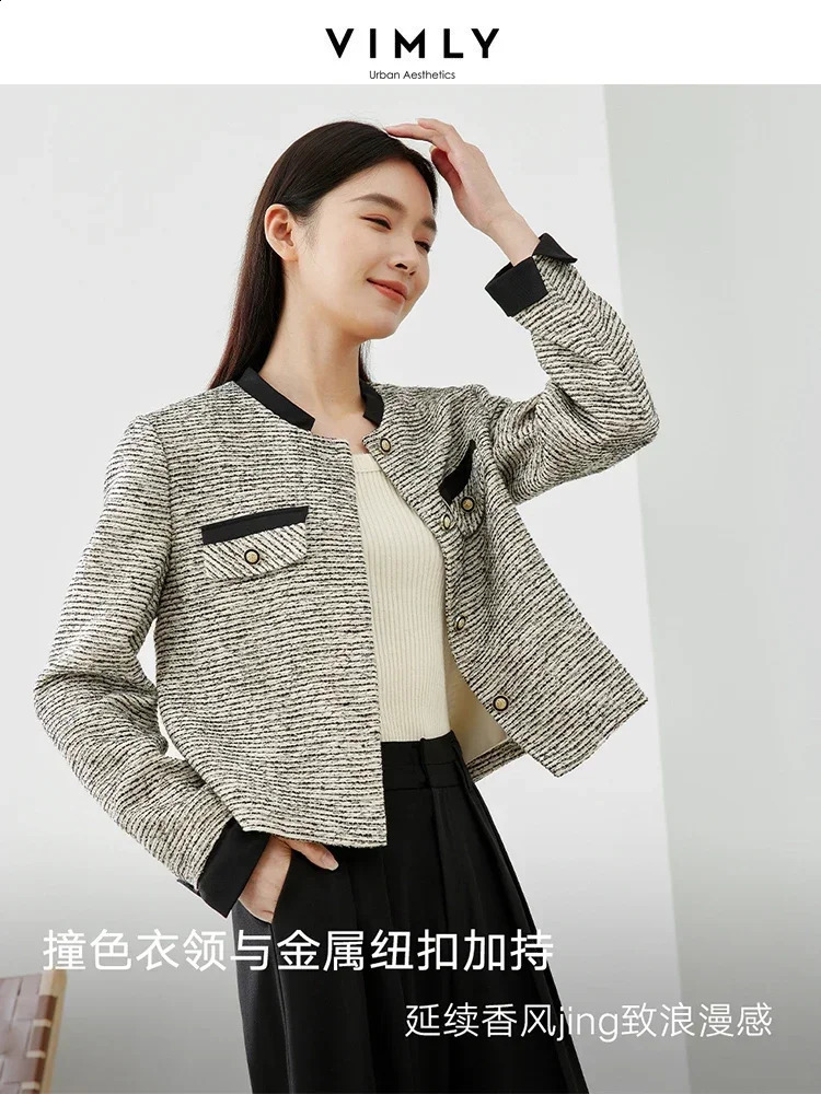 Vimly Contrast Striped Elegant Tweed Jacket Spring Black White O-neck Single Breasted Straight Short Coat Female M5197 240812
