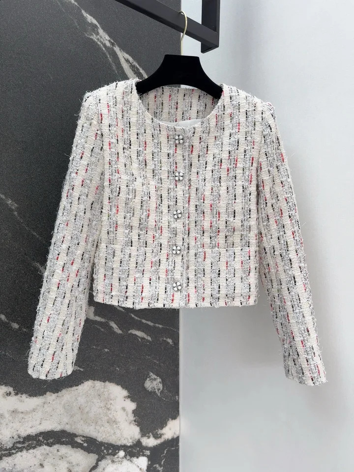 EVACANDIS Women Colorful Tweed O-Neck Single Breasted Coat Autumn Winter Elegant Chic Office Lady Sweet Jackets Vintage Tops 240812