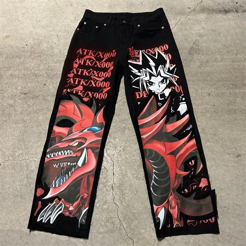 Harajuku y2k baggy jeans blue eyes white dragon print wide leg denim pants anime jeans streetwear trouser men clothing 240810