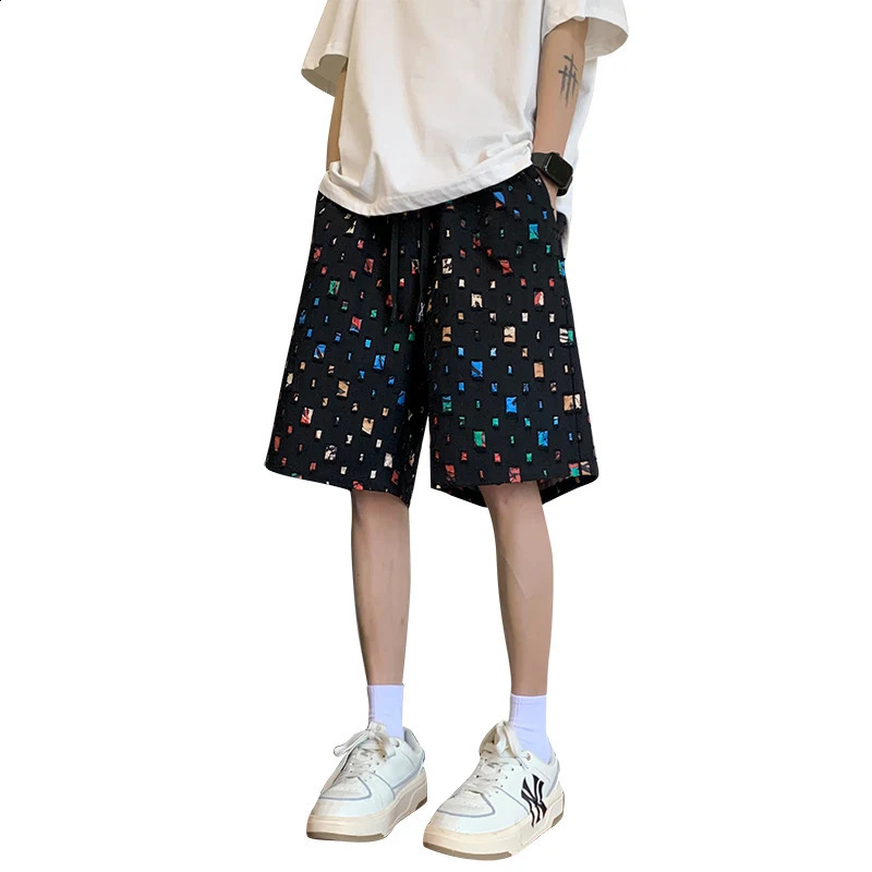 Summer Cotton Shorts Men Colorful Plaid Shorts Men Streetwear Hip-hop Loose Hollow Out Shorts Mens Beach Shorts Large Size 5XL 240812
